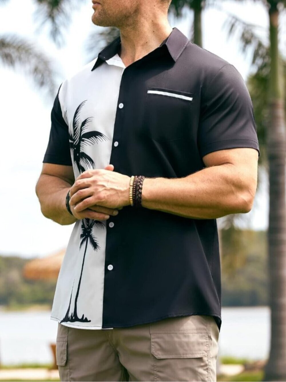 〽️Men Coconut Black White Short Sleeve Coconut Printed Button Down Casual Shirts